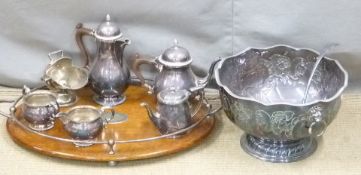 A galleried oak tray, plated ware including a tea set and punch bowl
