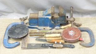 A Record no 12 vice, G clamps, brass and rosewood spirit levels including White, Great Yarmouth,