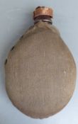 German WW! metal water bottle with canvas cover, cork stopper and leather attachment