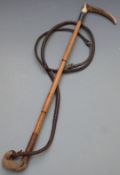 A hallmarked silver mounted riding crop with stag antler handle, L 57cm