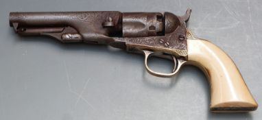Colt Police model .36 five-shot single action percussion revolver with engraved frame, cylinder
