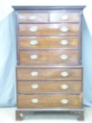 19thC mahogany chest on chest of two over six graduated drawers raised on shaped bracket feet,