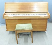 Challen 988 teak upright piano and stool, with Kastner-Wehlan floating centre action. London made