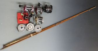 Fishing equipment including Penn and Mitchell multiplier reels, boxed Silstar TL36 and a cane coarse