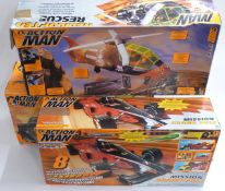 Three Hasbro Action Man vehicle sets Raid 4x4, Helicopter Rescue and Mission Grand Prix, all in