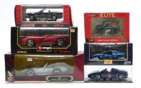 Five large scale diecast model vehicles including Britains Elite Land Rover Series 1, Burago Dodge
