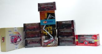 Ten Corgi and Atlas Editions diecast model fire engines including 50th Anniversary Dennis F125,