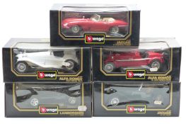 Five Burago 1:18 scale diecast model cars Jaguar SS 100 3006 and E Cabriolet 3016, Lamborghini