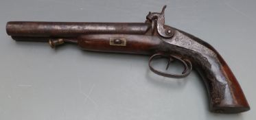 Double barrelled side by side percussion hammer action howdah pistol with engraved locks, hammers