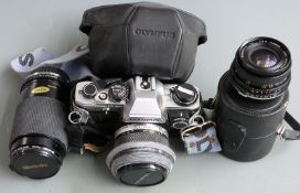 Olympus OM10 SLR camera with Olympus 50mm 1:1.8, Miranda 70-210mm 1:4.5-5.6 and Formula 5 f=28mm 1: