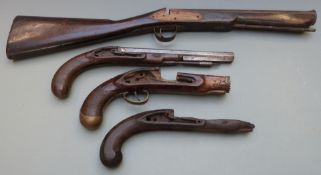 Four various guns for restoration comprising a duelling pistol with indistinct London maker's name