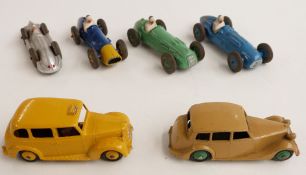 Six Dinky Toys diecast model car comprising Speed of the Wind 23E, Ferrari 23H, H.W.M. 23J, Talbot