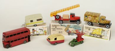 Six clockwork tinplate model vehicles comprising Minic double decker bus and caravan, The Chad