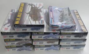 Eleven Lindberg 1:48 and 1:72 scale model aircraft kits including jets and helicopters, all sealed