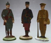 Three flat tin cut out WW1 soldiers in British, French and German uniforms, probably used for target