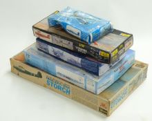 Five Hasegawa, Heller and similar plastic model kits including Fieseler Fi-156C Storch, Stampe SV4-