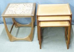 Retro nest of table and a tile inset coffee table, largest 45 x 50cm