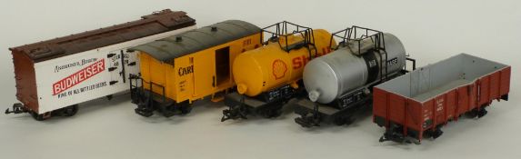 Five Lehmann LGB G gauge model railway goods wagons and tankers including Shell, Cardinal and