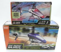 Two Horizon Hobby BNF Blade radio controlled model helicopters mSR and mSR X, both in original