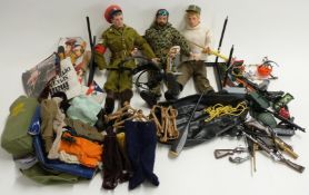 Three Action Man action figure dolls together with various outfits and accessories including Special