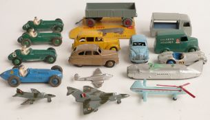 Sixteen Dinky Toys diecast model vehicles including Trailer (Large), Chivers Jellies Trojan Van,