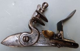 French flintlock gun lock inscribed 'Mnaufre A Versailles' with line engraved detail and brass