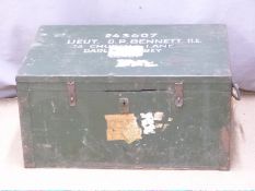 A military metal-bound pine trunk with stencilled lettering 243607 Lieut. D.P. Bennett, W75 x D52