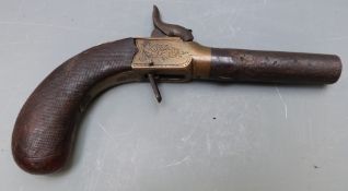 Forrest percussion hammer action pistol with named and engraved brass frame, folding trigger,