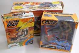 Three Hasbro Action Man vehicle sets Amazone Dinghy, Windsurfer Extreme and Jungle Explorer, all