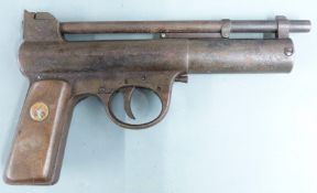 Webley Mk 1 .177 air pistol with inset winged pellet motif to the wooden grips, serial number 27888.