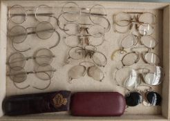 Five pairs of vintage spectacles, thirteen pairs of clip on spectacles and a cased W.Gregory pair of