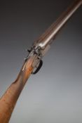 English 12 bore side by side hammer action shotgun with engraved locks, trigger guard, underside,