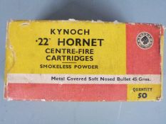 Fifty Kynoch .22 Hornet centre-fire cartridges, in original box PLEASE NOTE THAT A VALID RELEVANT