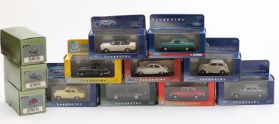 Twelve Corgi Vanguards 1:43 scale diecast model vehicles including Vauxhall, Triumph, Ford, Jaguar