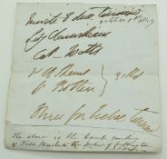 19thC list of names on paper with footnote stating 'the above is the hand writing of Field Marshal