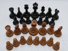 Staunton wooden part chess set with impressed red crown mark, height of king 11cm, 29 pieces.