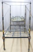 Victorian cast and sprung iron single four poster bed painted with fruit and flowers in the style of