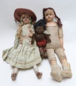 Three various dolls comprising one bisque headed with open mouth and fixed blue eyes, one with