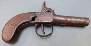 Unnamed percussion hammer action pocket pistol with shaped wooden grips and 2.25 inch turn off
