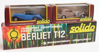 Three Solido diecast model vehicles Berliet T12 Port-Char and Age d'Or Delahaye 1148 and Delage
