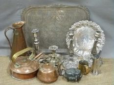 A large twin-handled Viners tray, plated salver, candlesticks including extending, copper jug,