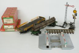 Nine Lehmann LGB G gauge model railway goods wagons and accessories including signals, level