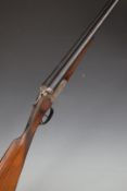 Spanish 12 bore side by side shotgun with engraved lock, trigger guard, underside, top plate,