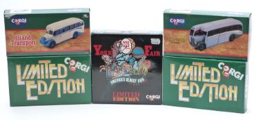 Five Corgi diecast model bus sets comprising York Fair America's Oldest Fair, Island Transport