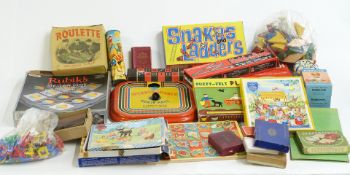 A collection of vintage toys and games including Mettoy Spinner Winner Horse Race, Victory ABC