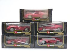 Five Burago 1:18 scale diecast model Ferrari sports cars F40 3032, 250 GTO 3011, Testarossa 3019,