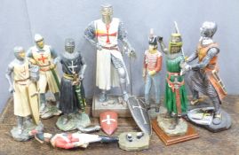 A collection of model knight figures, tallest 37cm