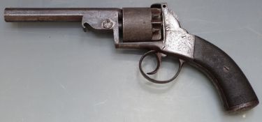 Webley Bentley 54 bore six-shot double action percussion revolver with engraved frame, chequered