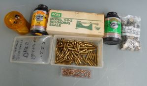 A collection of re-loading items including Lee.222 dies, .22 empty cases, .222 bullets, Pyrodex