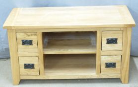 Contemporary light oak cabinet with four drawers and cubby holes, W110 x D50 x H60cm